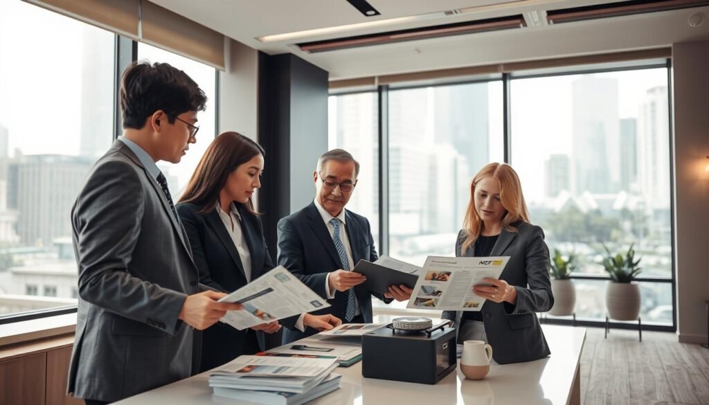 A well-lit office interior, with a large window overlooking the bustling streets of Singapore. In the center of the frame, a team of professionals in business attire are engaged in a discussion, gathered around a table examining brochures and documents pertaining to grease separator systems. Their expressions convey a sense of careful consideration as they weigh the options, aiming to select the ideal provider for their project. The background features minimalist, modern décor, complementing the sophisticated atmosphere. Soft, warm lighting casts a subtle glow, creating a professional and contemplative mood.