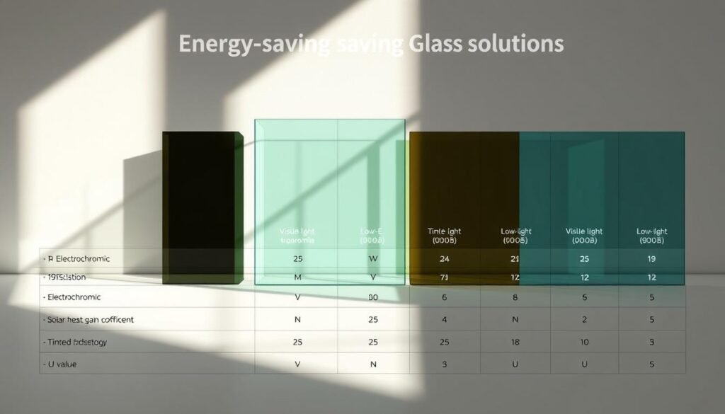 Detailed technical comparison chart of energy-saving glass solutions, showcasing their distinct properties and performance. Neatly arranged samples of different glass types, including electrochromic, low-e, and tinted variants, illuminated under natural lighting with subtle shadows. Sleek, minimalist layout prioritizes clear visualization of the key attributes, such as visible light transmission, solar heat gain coefficient, and U-value. The overall aesthetic is clean, modern, and informative, complementing the subject matter of advanced architectural glazing technologies.